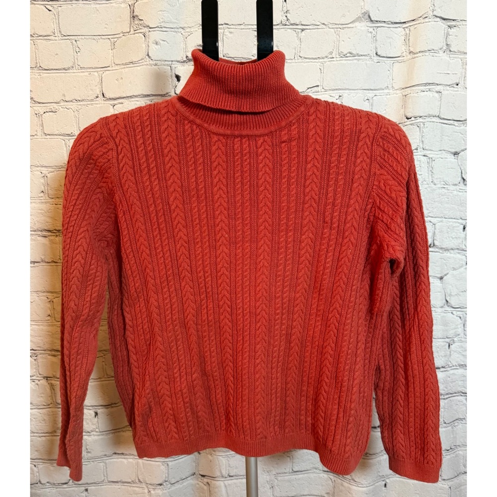 Wainscott Womens Coral Orange Cable Knit‎ 100% Cotton Turtleneck Sweater Size S